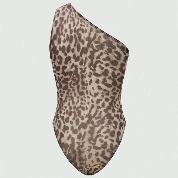 Multicolor Casual Women's Leopard Print Oblique Shoulder Bodysuit - Picture 2 of 7